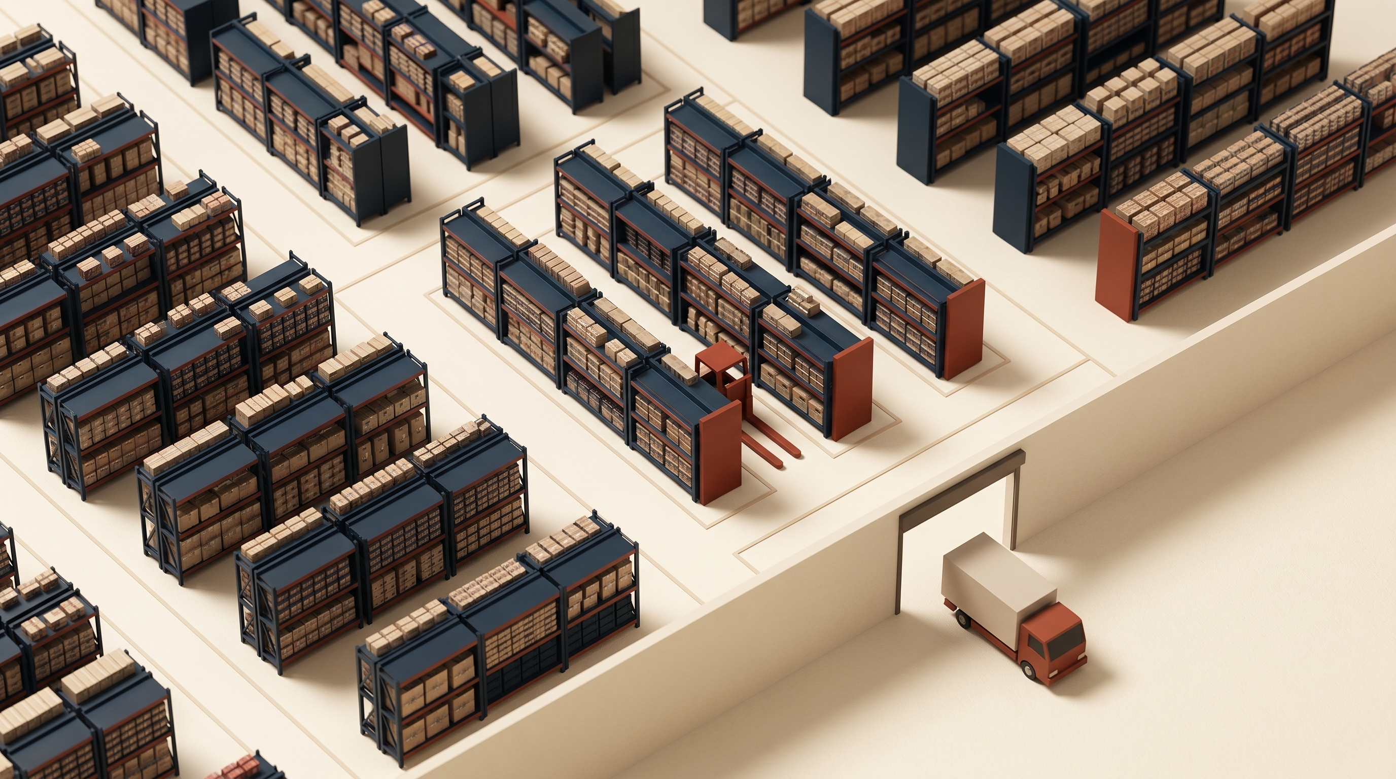Editorial top-down still life of a clean food-redistribution warehouse interior with neat rack rows of cases on a warm cream surface, lit by soft directional natural light.